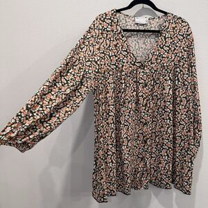 ASOS Curve Floral Babydoll Long Sleeve Black Floral Tunic Top Us 16 Boho Cottage